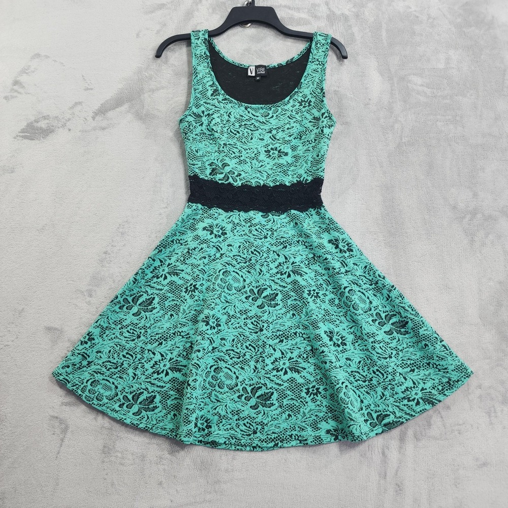 Vintage VIBE Sportswear Dress‎ Womens M Green Black Floral Lace Sleeveless Party